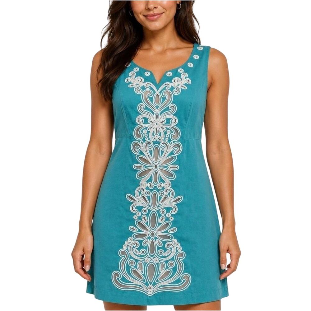 LILLY PULITZER Dress 0‎ Gabby Stretch Shift Bondi Blue Applique Embroidery Rush